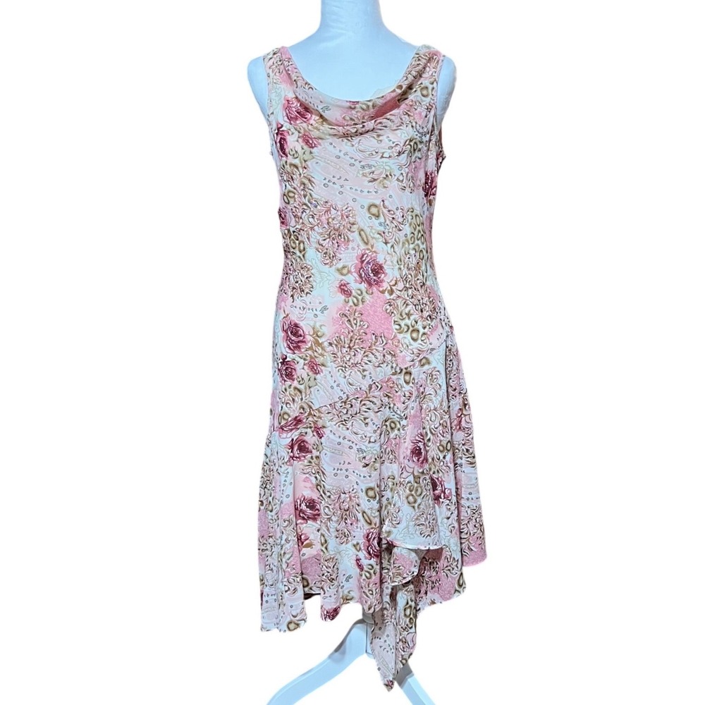 VTG Connected‎ Apparel Pink Floral Paisley Sequin Handkerchief Hem Midi Dress M